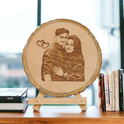 Natural Wooden Slice Engraved Photo Frame with Wood Stand size (6 Inch, Round Shape)