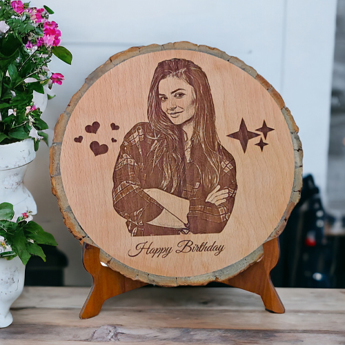 Personalized Natural Wooden Round Shape Engraved Photo Frame. Size 8 Inch Slice Perfect Choice for Any Clebration.